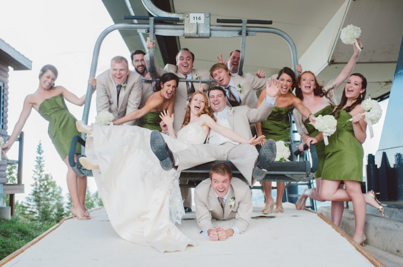 wedding party on ski lift 