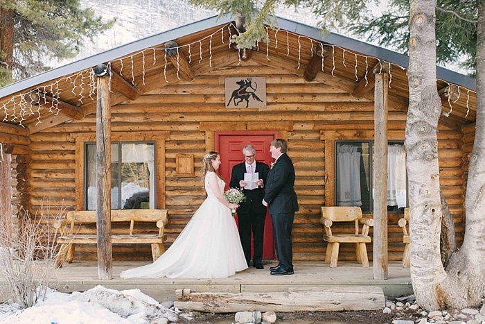 Wedding ceremony at Evergreen cabin at Elk River Guest Ranch